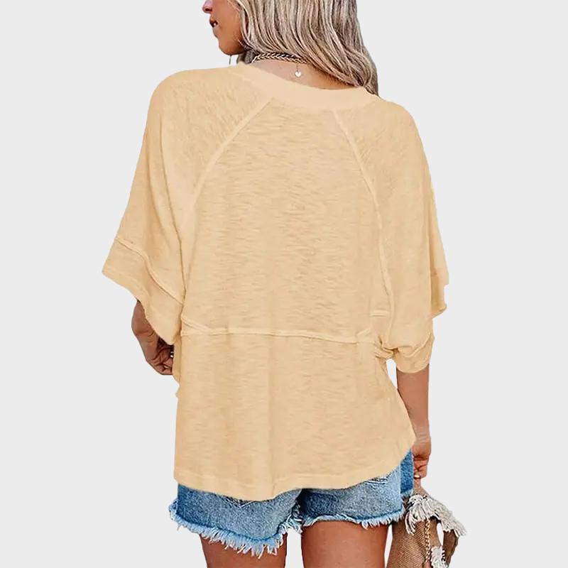 Panel Solid Color Flared Sleeve T-Shirt