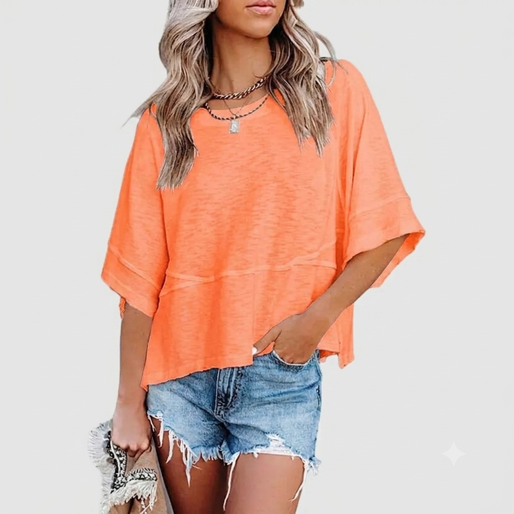 Panel Solid Color Flared Sleeve T-Shirt