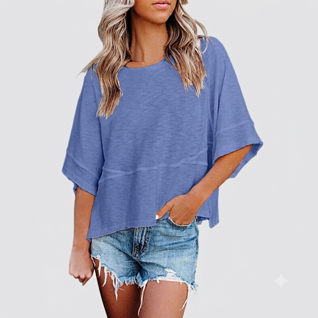 Panel Solid Color Flared Sleeve T-Shirt