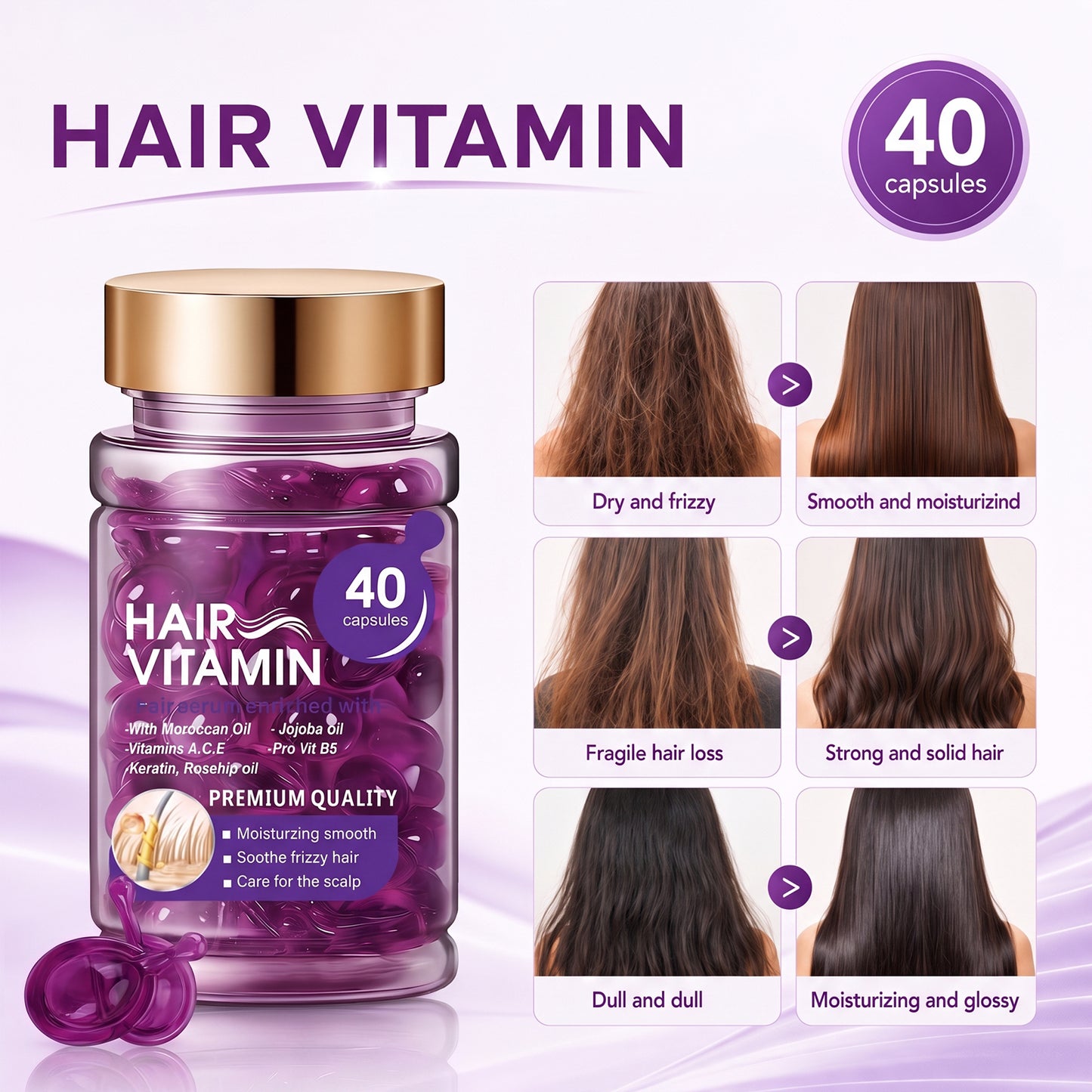 Hair Vitamin Capsules Infused with Violet Vitamins & Argan Oil for Color-Treated & Permed Hair Smooths Frizz Restores Silkiness & Shine 40 Capsules