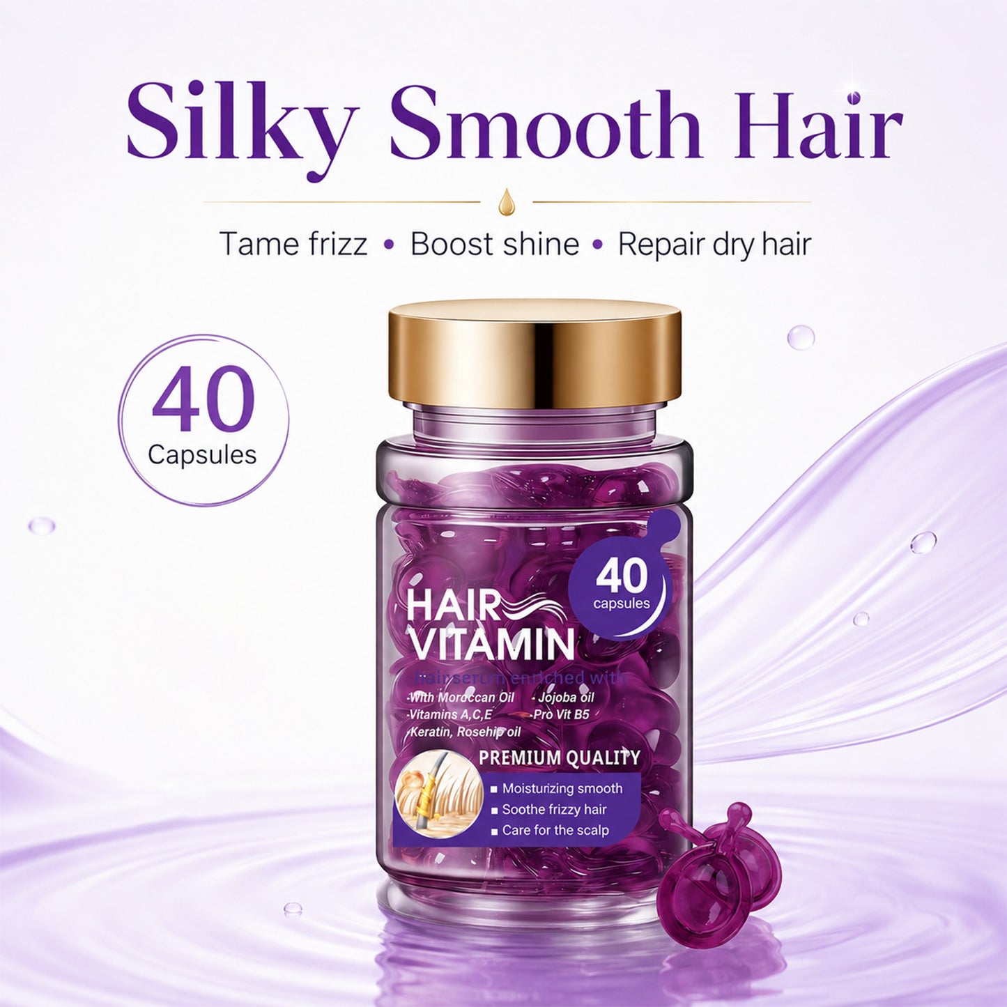 Hair Vitamin Capsules Infused with Violet Vitamins & Argan Oil for Color-Treated & Permed Hair Smooths Frizz Restores Silkiness & Shine 40 Capsules