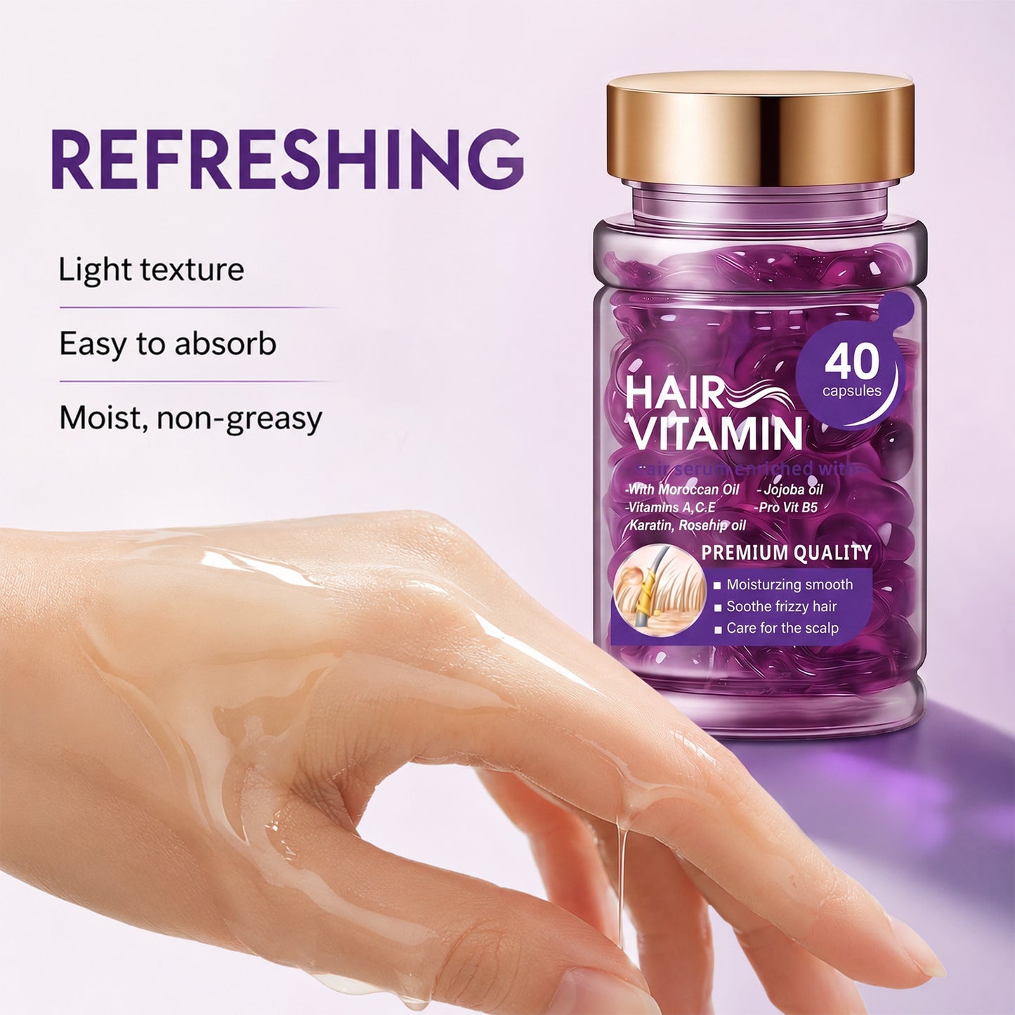 Hair Vitamin Capsules Infused with Violet Vitamins & Argan Oil for Color-Treated & Permed Hair Smooths Frizz Restores Silkiness & Shine 40 Capsules
