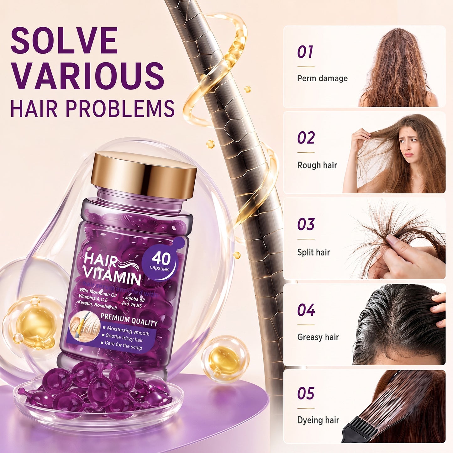 Hair Vitamin Capsules Infused with Violet Vitamins & Argan Oil for Color-Treated & Permed Hair Smooths Frizz Restores Silkiness & Shine 40 Capsules