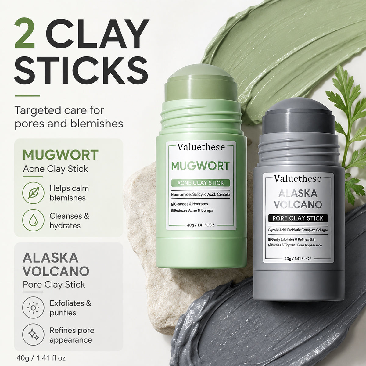 2pcs Blackhead Control & Acne Care Deep Cleansing Clay Stick Duo Set
