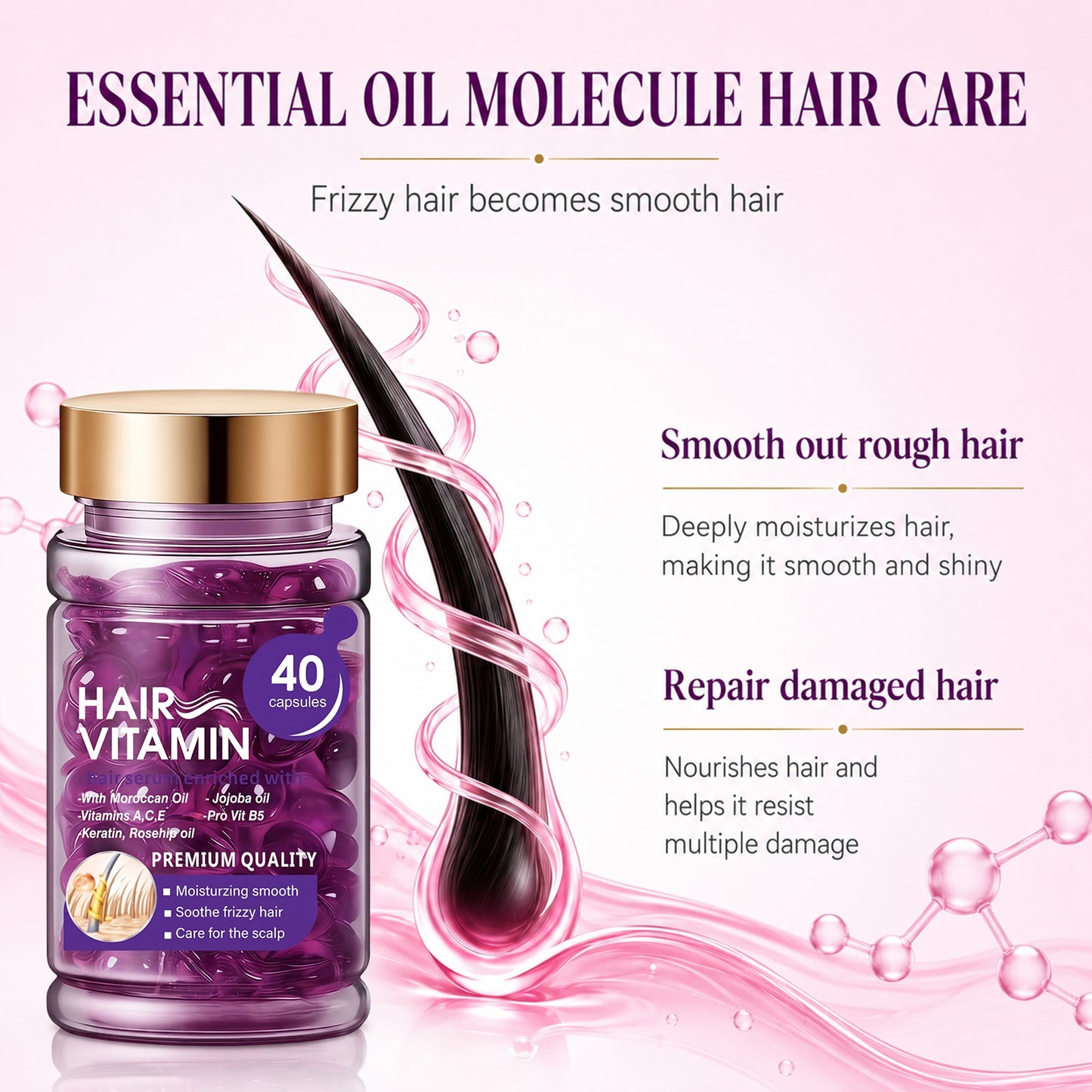 Hair Vitamin Capsules Infused with Violet Vitamins & Argan Oil for Color-Treated & Permed Hair Smooths Frizz Restores Silkiness & Shine 40 Capsules