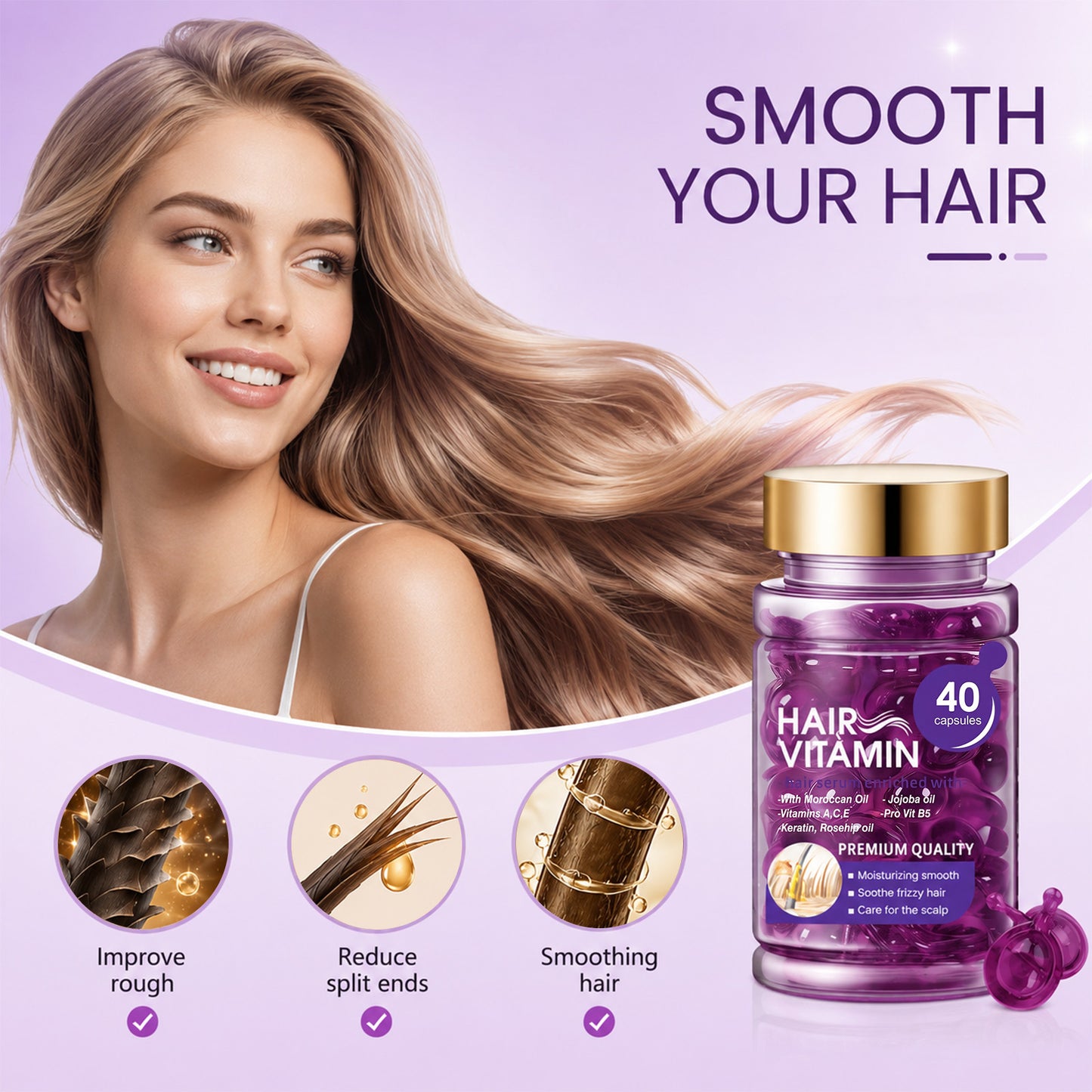 Hair Vitamin Capsules Infused with Violet Vitamins & Argan Oil for Color-Treated & Permed Hair Smooths Frizz Restores Silkiness & Shine 40 Capsules