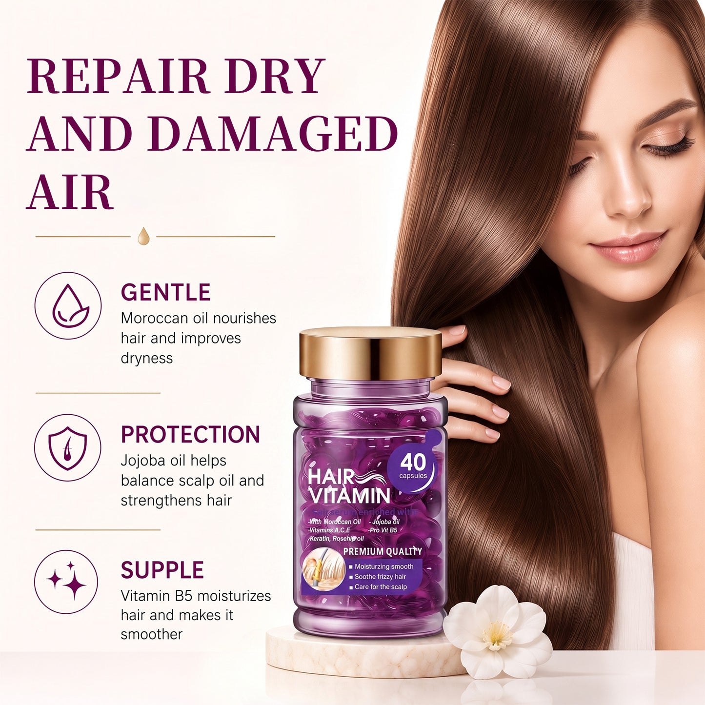 Hair Vitamin Capsules Infused with Violet Vitamins & Argan Oil for Color-Treated & Permed Hair Smooths Frizz Restores Silkiness & Shine 40 Capsules