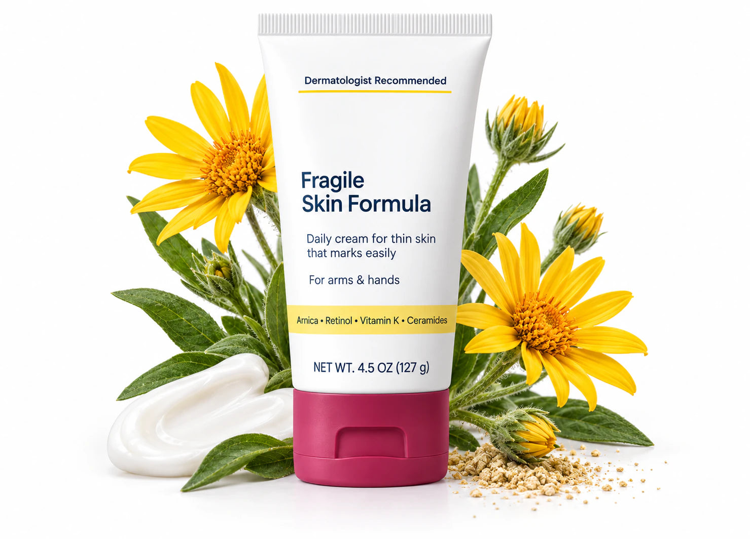  tryskintle  Fragile Skin Formula surrounded by Arnica montana flowers