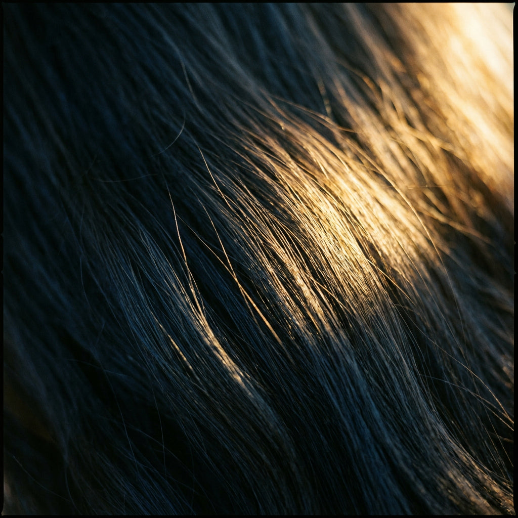 Pearwood Black shade — deep rich black hair with warm highlights