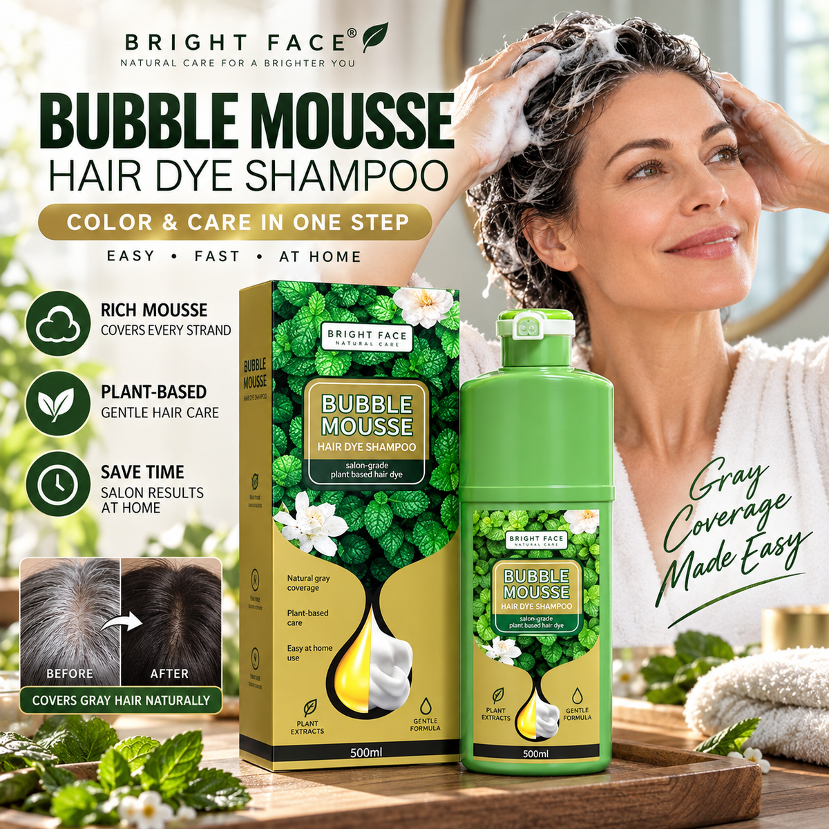 💞Black Friday Sale 50% OFF!!💇‍♀️💈Long-Lasting Plant-Based Bubble Mousse Hair Dye Shampoo, Gentle At-Home Gray Hair Coverage🛡️👍